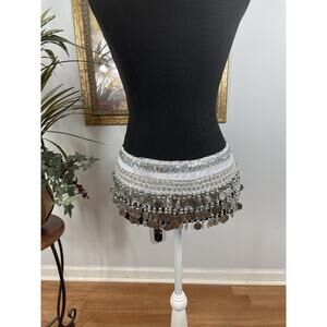 White Belly Dance Hip Scarf Coin Fringe Sequin Beaded Wrap Costume Belt